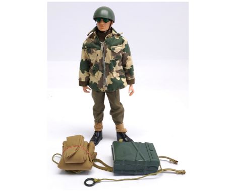 Palitoy Vintage Action Man figure, dark flock hair, plastic hands, wearing Parachute Regiment outfit, including jacket, trous
