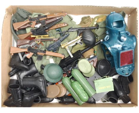 Palitoy Action Man vintage loose clothing/accessories to include guns, various part outfits, helmets/hats plus others, some d