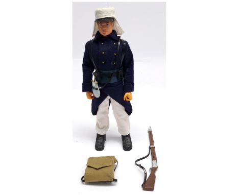 Palitoy Vintage Action Man French Foreign Legion, blonde flock hair, gripping hands, wearing coat, trousers, belt, back-pack,