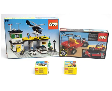 Lego group to include (1) #381 Early Police Set; (2) #8845 Dune Buggy; (3) #1631 Black Racer; (4) #1633 Loader Tractor, gener