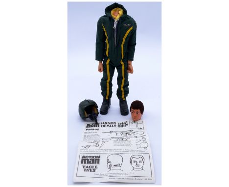 Palitoy Action Man vintage loose/unboxed Helicopter Pilot 12" figure, eagle eyes, dynamic body, gripping hands, dressed in th