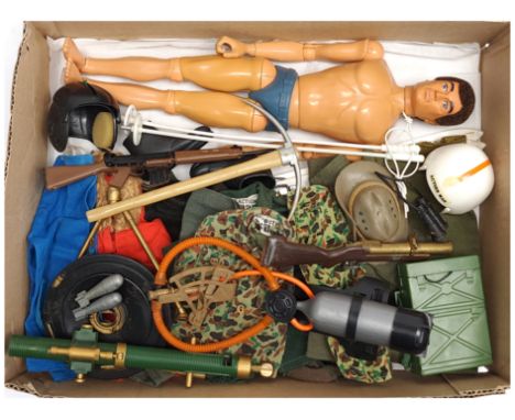 Palitoy Action Man vintage, unboxed group to include undressed eagle eyed, gripping hands figure plus various accessories inc