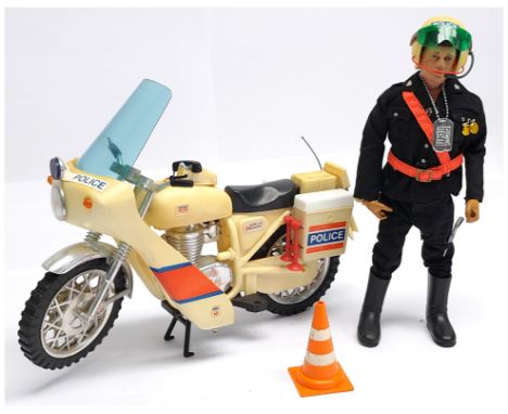 Palitoy Action Man Vintage unboxed pair (1) Police Motorcyclist, dark flock hair wearing jacket, trousers, helmet, fluorescen
