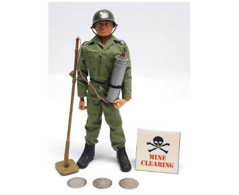 Palitoy Vintage Action Man Mine Detection, blonde flock hair, blue pants, eagle-eyes, gripping hands, wearing shirt, trousers