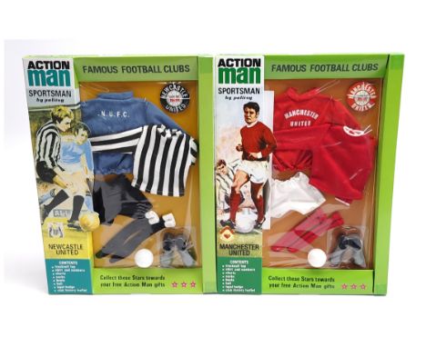 Hasbro/Palitoy Action Man 40th Anniversary (or similar) famous football clubs, (1) Newcastle United kit, (2) Manchester Unite