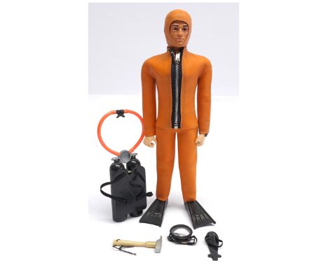 Palitoy Vintage Action Man Frogman, blonde flock hair, gripping hands, eagle eyes, dynamic body, wearing three-piece rubber s