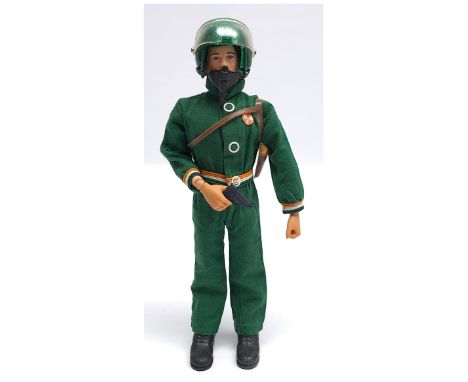 Palitoy Vintage Action Man Pursuit Craft Pilot, dark flock hair, gripping hands, wearing flight suit, shoulder holster, helme
