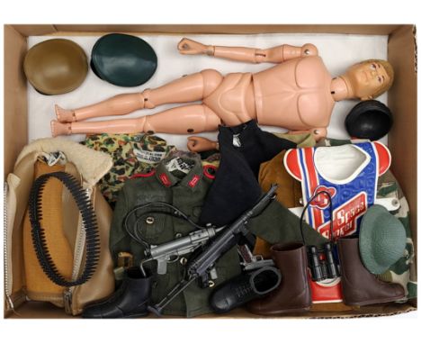 Palitoy vintage Action Man, unboxed group to include undressed flock head, gripping hands figure, plus various accessories in