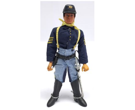 Palitoy Vintage Action Man 7th Cavalry, dark flock hair, blue pants, eagle-eyes, gripping hands, wearing shirt, riding breech