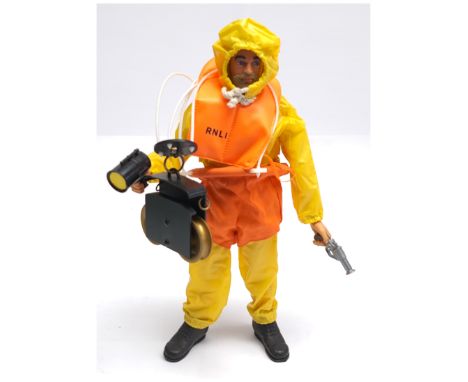 Palitoy Vintage Action Man Breeches Buoy / RNLI, blonde flock hair and beard, blue pants, eagle-eyes, gripping hands, wearing