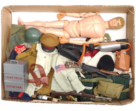 Palitoy Action Man vintage, unboxed group to include undressed flock head, gripping hands figure (may have reproduction hands