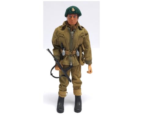 Palitoy Vintage Action Man Marine Combat, dark flock hair, blue pants, eagle-eyes, gripping hands, wearing jacket, trousers, 