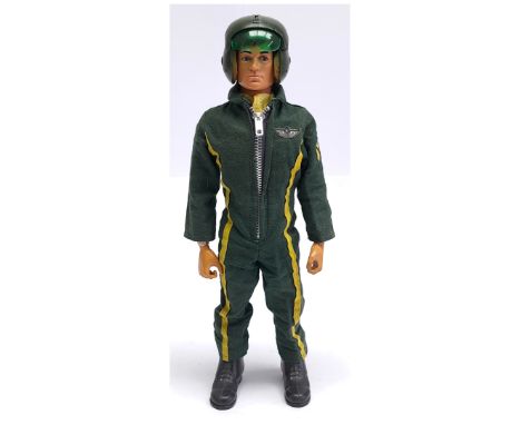 Palitoy Vintage Action Man Helicopter Pilot, dark flock hair, gripping hands, eagle eyes, wearing flight suit, helmet, plus o