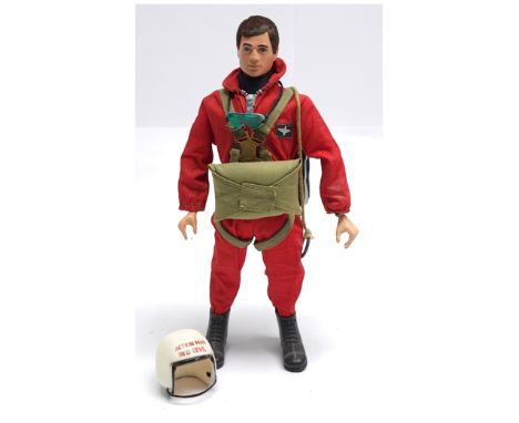 Palitoy Vintage Action Man Red Devil Parachutist, dark flock hair, hard hands, wearing jumpsuit, parachute pack, helmet, gogg