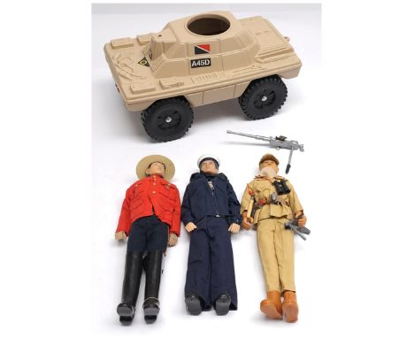 Action Man (or similar) Vintage group includes unboxed Sunny Smile Cub Patrol Car with gun - not checked for completeness, 3 