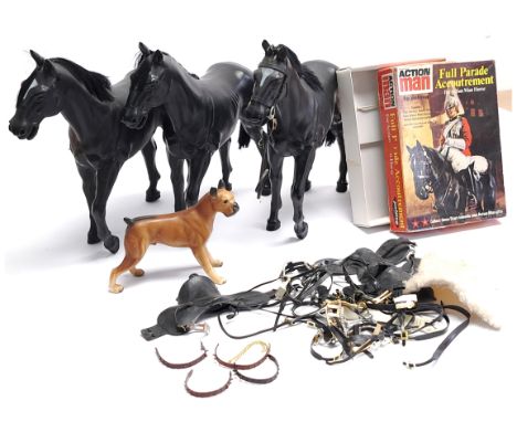 Palitoy Action Man Vintage, loose/unboxed group to include (1) 3 x horses, (2) Brutus the dog, (3) a quantity of dress saddle