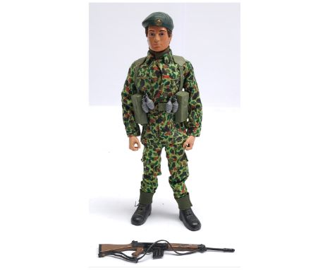Palitoy Vintage Action Man Royal Marines Combat, dark flock hair, gripping hands, jacket, trousers, beret, grenades, boots, p