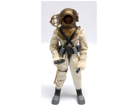 Palitoy Vintage Action Man Deep Sea Diver, dark flock hair, gripping hands, eagle eyes, wearing diving suit, boots with weigh
