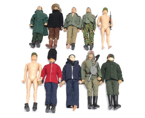 Action Man (or similar) Vintage group includes 10 x 1/6th scale action figures, dressed in part-vintage action man outfits an