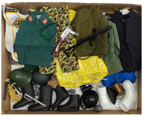 Palitoy vintage Action Man, loose clothing/accessories to include guns, various part outfits, helmets/hats plus others - see 