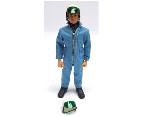Palitoy Vintage Action Man Go Cart figure, blonde flock hair, gripping hands, wearing race suit, neck scarf, plus other acces