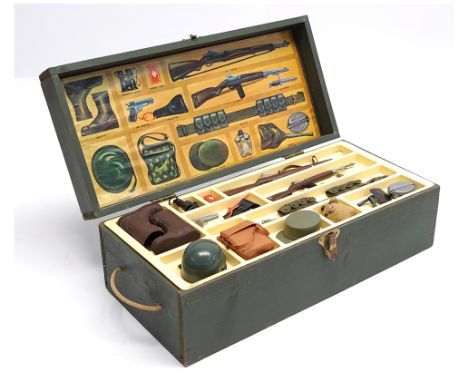 Action Man vintage wooden Ammunition and Accessories Kit locker box - dark green wood with printed top, card printed inlay an