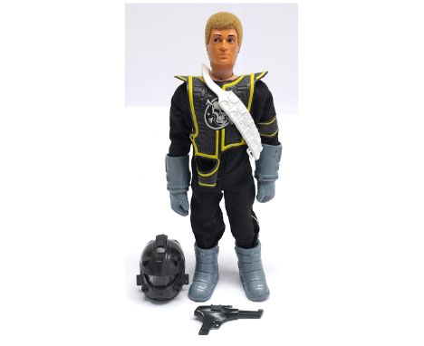 Palitoy Vintage Action Man Zargonite Soldier, blonde flock hair, plastic hands, eagle eyes, suit, helmet, tabard, gloves, boo