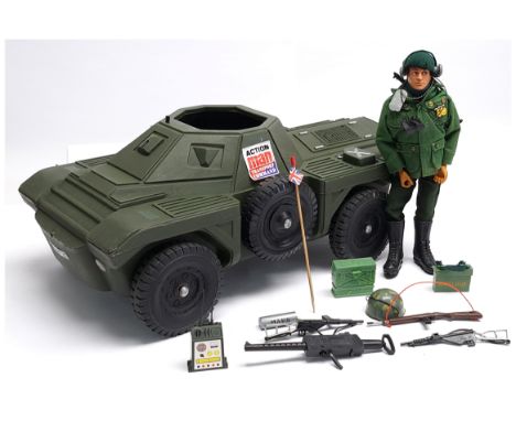Palitoy Action Man Vintage pair includes (1) loose/unboxed flock head dressed figure, plus other accessories including rare r
