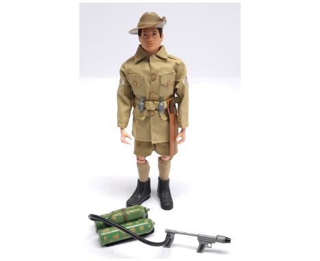 Palitoy Vintage Action Man Australian Jungle Fighter, dark flock hair, hard hands, wearing jacket, shorts, campaign hat, flam