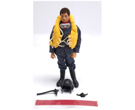 Palitoy Vintage Action Man Battle of Britain Pilot, dark flock hair, gripping hands, wearing jacket, trousers, belt, life pre
