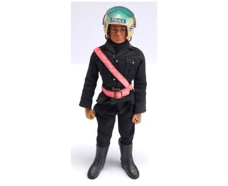 Palitoy Vintage Action Man Police Motorcyclist, dark flock hair, gripping hands, eagle eyes, dynamic body wearing jacket, tro