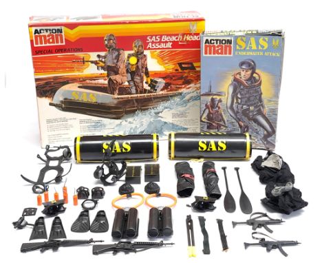 Palitoy Action Man SAS vintage loose clothing/accessories to include part outfits, gas masks, black inflatable dinghy's, deto