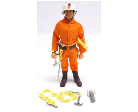 Palitoy Vintage Action Man figure, dark flock hair, gripping hands, wearing Underground Rescue outfit including overalls, hel
