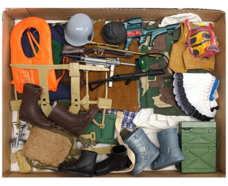 Palitoy vintage Action Man, loose clothing/accessories to include guns, various part outfits, helmets/hats plus others - see 