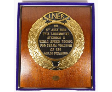 A limited edition brass and black enamel LNER plaque, commemorating the Mallard world speed record, No 165 of 250, 30cm diame