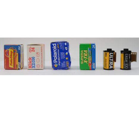 Six rolls of 35mm film, expired, including four rolls of 24 exposure film, Polaroid High Definition (ISO 200), Superia X-Tra 