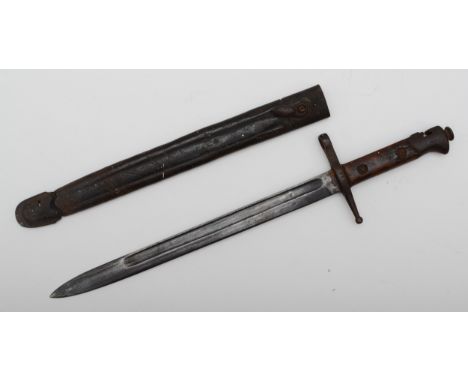 An Italian Carcano M1891 TS "Truppe Speciali" bayonet, stamped V5344, the 30cm blade stamped BRESCIA, the leather scabbard st