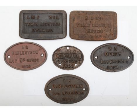 Four cast-iron carriage plates (L.M.S Wolverton 1944, B.R Derby 1954, B.R. Earlestown 1959 and 1960), together with 2x train 
