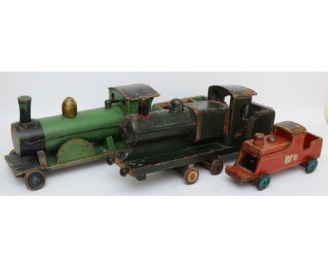 A collection of early 20th century wooden children's toys, to include three Loco's, A 'pull along' cart, and a scratch built 