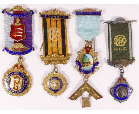 Four silver gilt and enamel RAOB and Masonic jewels, 135gm 