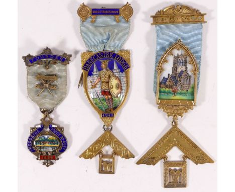 Three silver gilt and enamel Masonic jewels, including Danecastre Lodge, cased, 93gm 