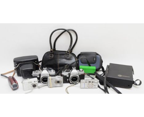 A collection of camera's and accessories to include, Praktica 35mm camera's, a Prestinox projector, cased, and other camera e