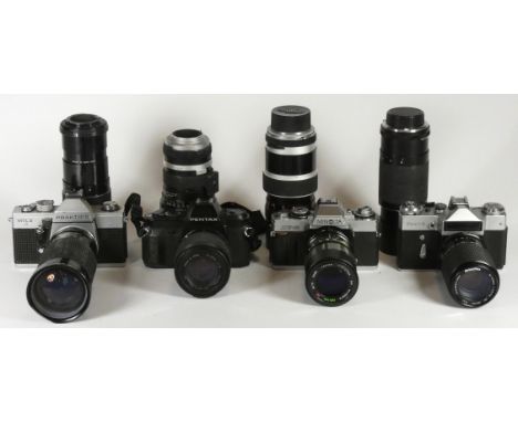 Four 35mm film cameras with lenses, to include a Minolta XG-M with a Centon 70mm-210mm f4-f5.6 lens, a Praktica MTL 3 with a 