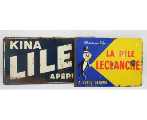 A French vitreous enamel sign, double sided advertising 'La Pile Leclanche' 54x38cm, together with a painted tin advertising 