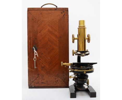 A W. Watson &amp; Son microscope, E. Leitz Wetzler No 86735, brass, with five optics, slides, manual (not for this model) and