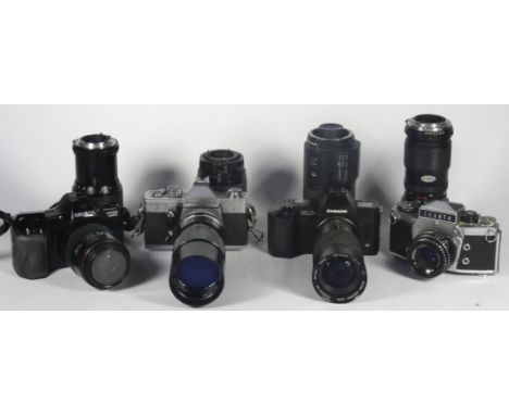 Four 35mm film cameras with lenses, to include a Minolta Dynax 7000I with a Tokina 70mm-210mm f4-f5.6 lens, a Chinon CP-7m wi