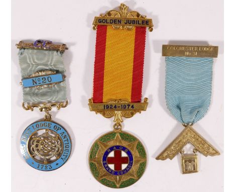 Three silver gilt and enamel RAOB and Masonic jewels, 78gm 