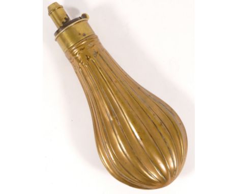A Victorian copper gunpowder shot flask, embossed with brass feeder spout, 20cm long. 