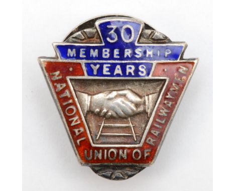 A silver and enamel 30 years membership, National Union of Railwaymen lapel badge, Birmingham 1949, 8.8gm 