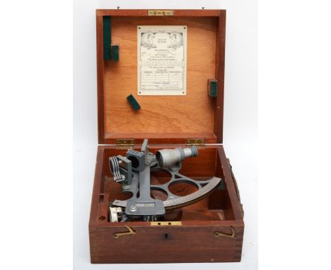 A Kelvin Hughes micrometer sextant, dated to the inside 1970, with shades and mirrors in fitted mahogany case. 